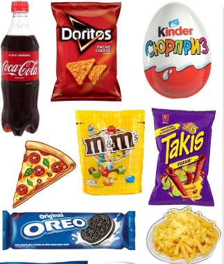 Soft drinks, chips, chocolate, candy and biscuits