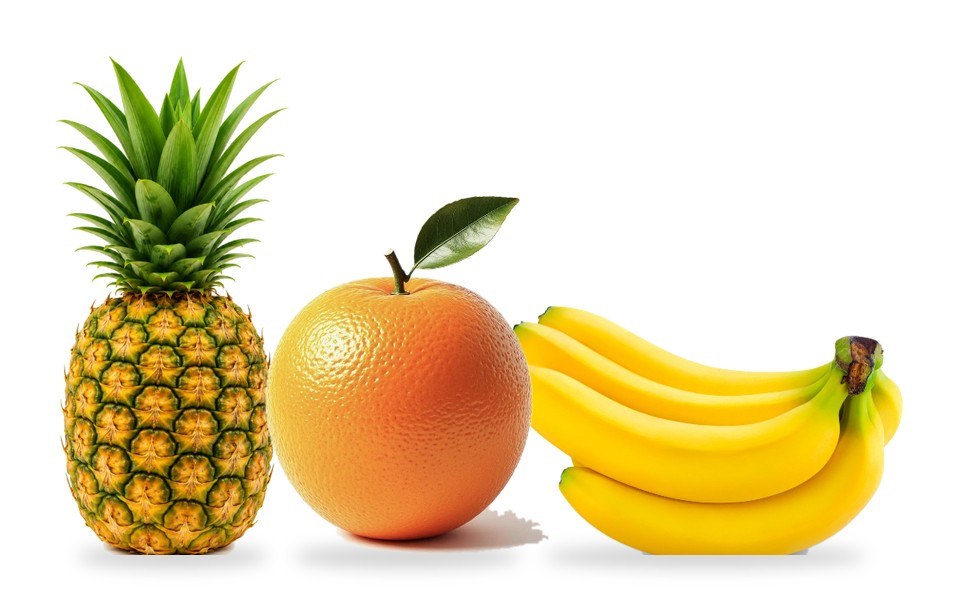 A pineapple, an orange and a bunch of bananas